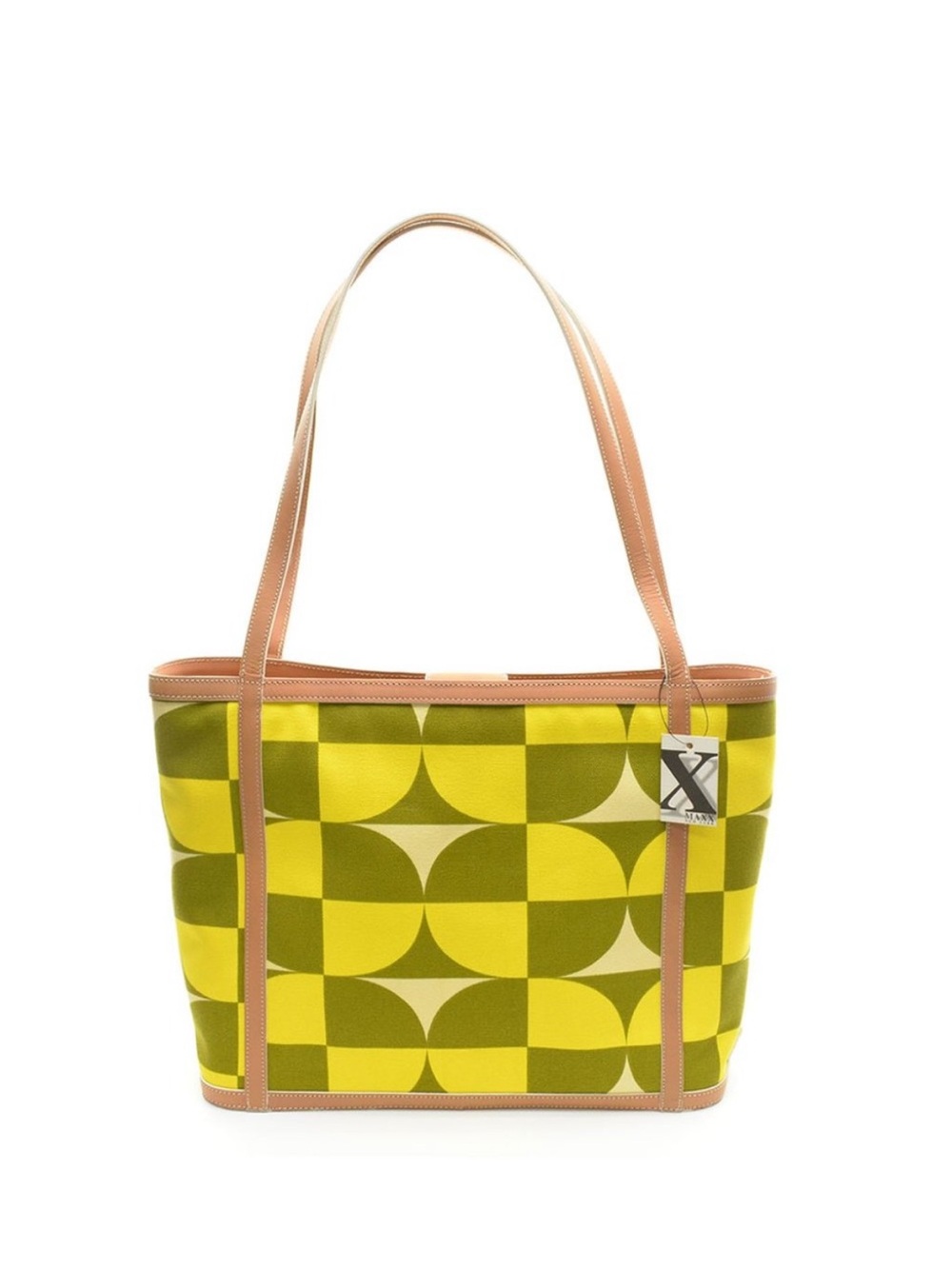 Maxx NYC Canvas Geo-Print Tote Bag with Leather Trim - Yellow/Olive